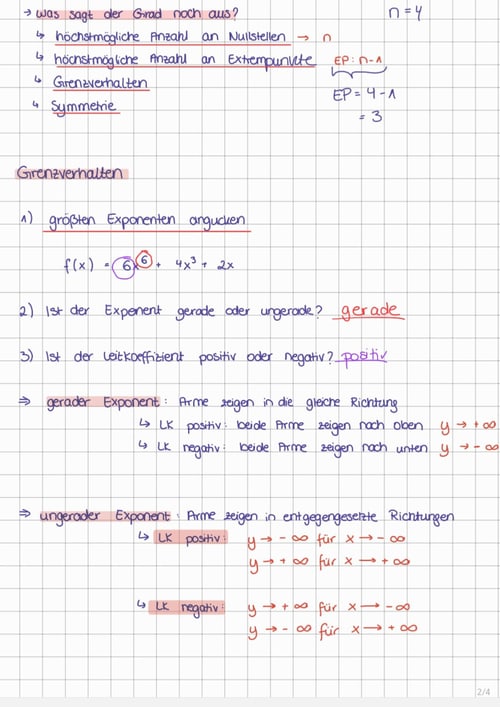 Notizen auf kariertem Papier zur Analyse von Polynomfunktionen, einschließlich Grenzverhalten, Nullstellen und Extrempunkten.