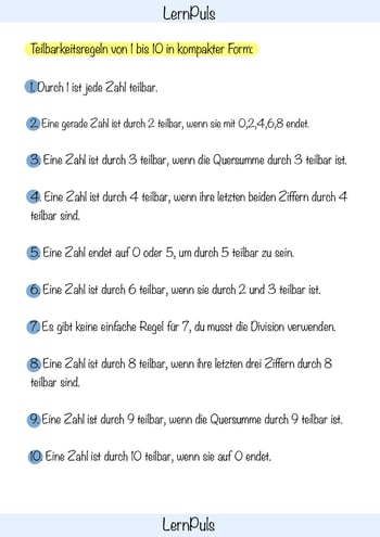 Teilbarkeitsregeln von 1 bis 10 in kompakter Form, nummerierte Liste mit 10 Regeln.