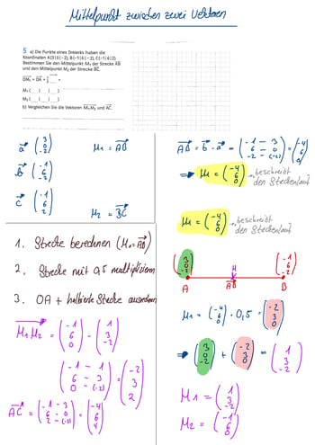 Mathematische Berechnungen mit Vektoren und Koordinaten, inklusive einer Skizze einer Strecke mit Punkten A und B.