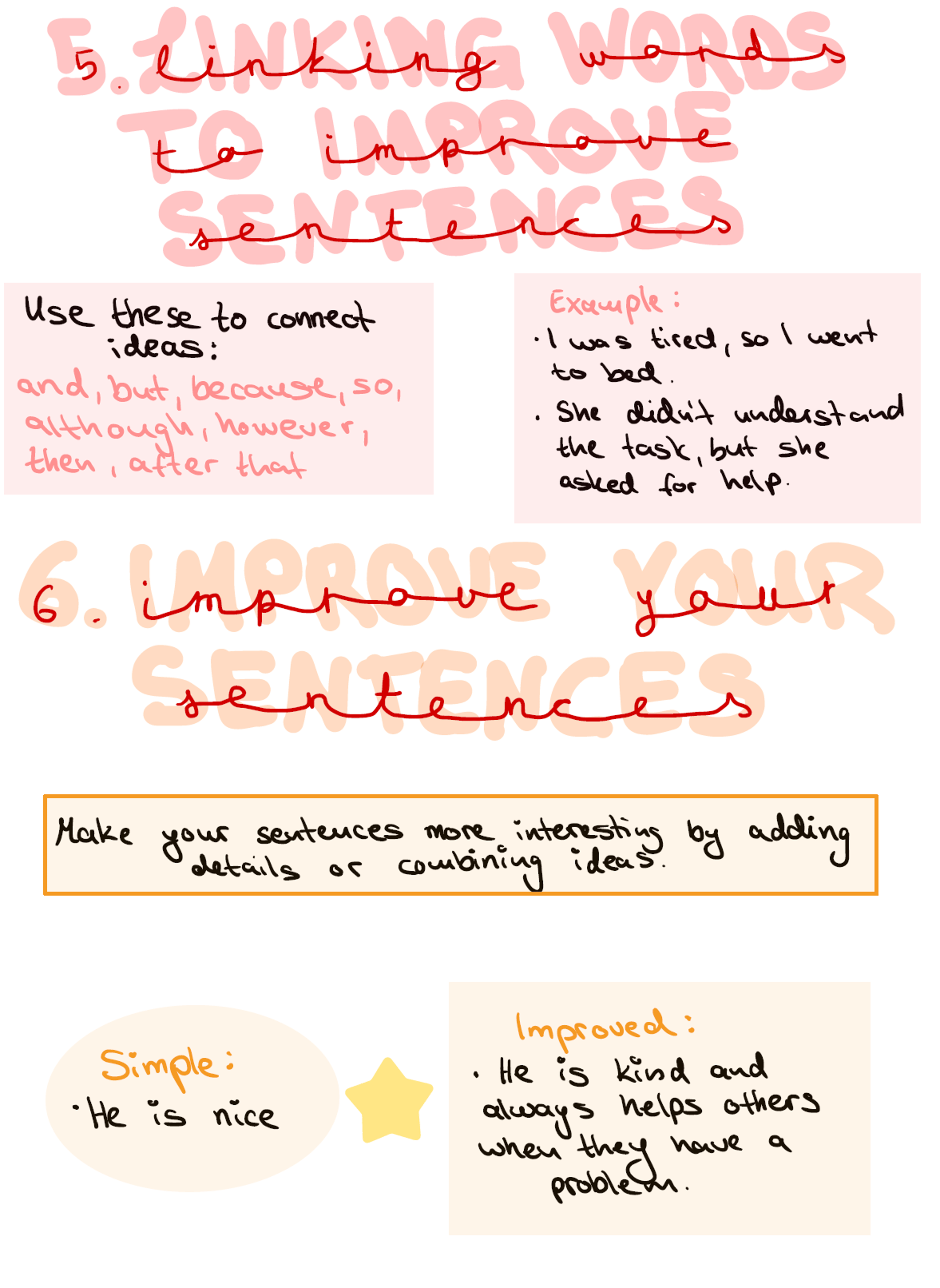 Text: 5. Linking words to improve sentences. 6. Improve your sentences.