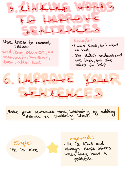 Text: 5. Linking words to improve sentences. 6. Improve your sentences.