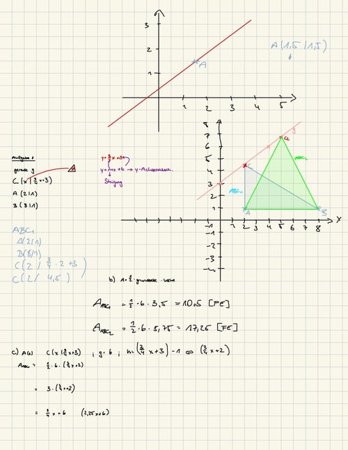 Handgeschriebene mathematische Gleichungen und Graphen auf kariertem Papier, darunter lineare Funktionen und Dreiecksberechnungen.