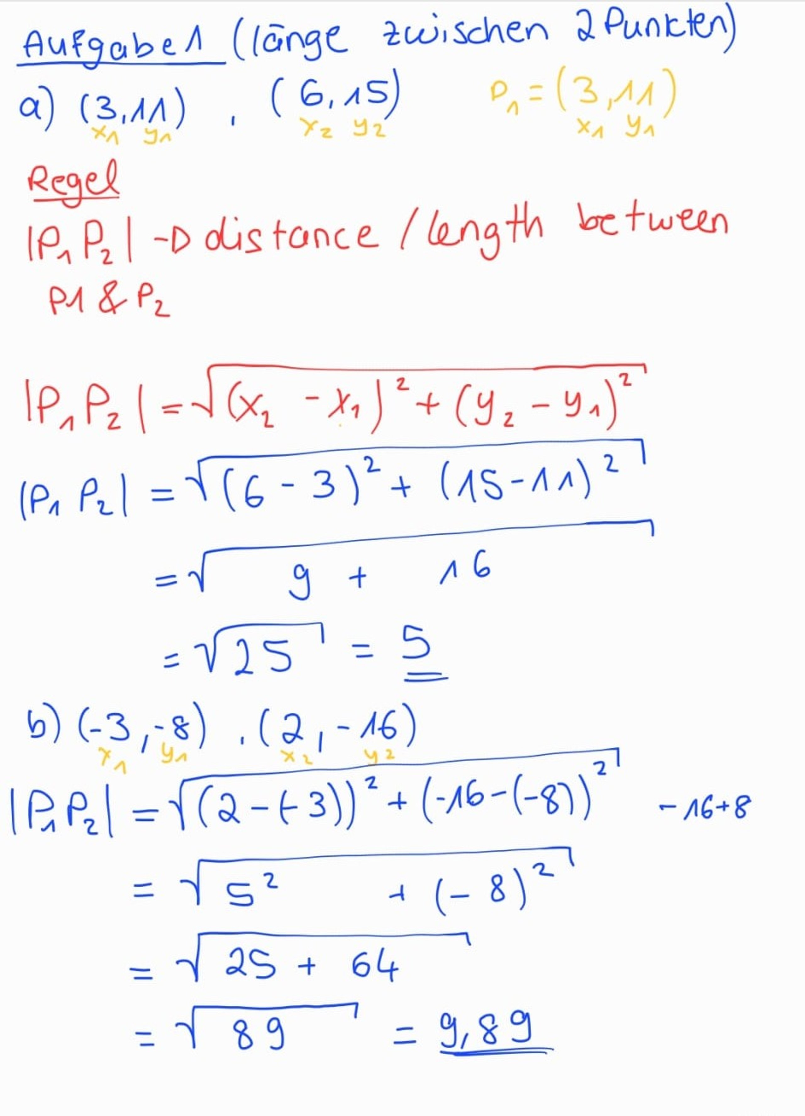 Mathematische Berechnungen zur Bestimmung der Länge zwischen zwei Punkten.