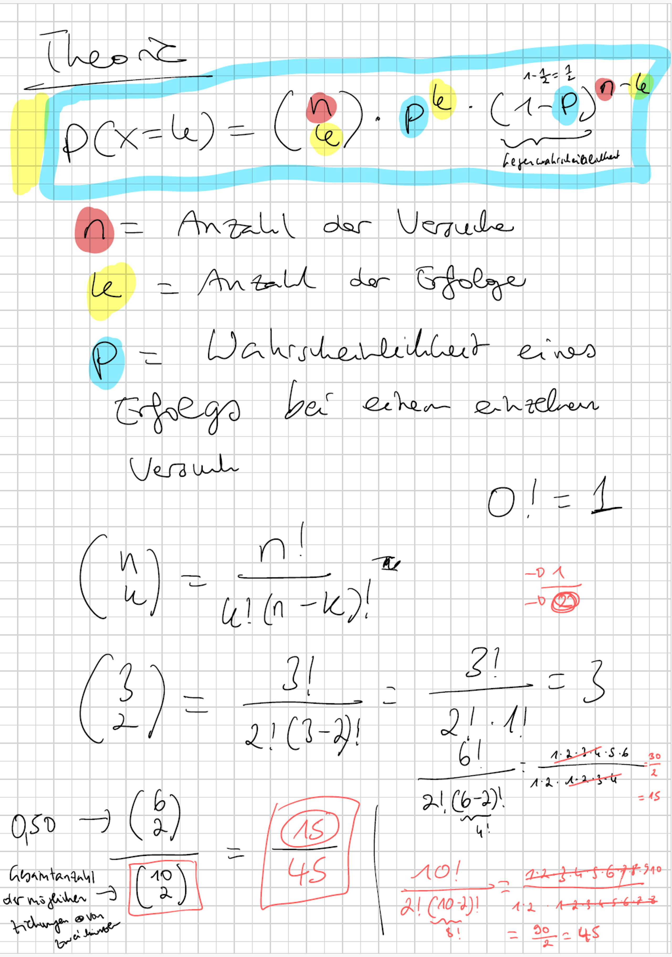 Handschriftliche Notizen auf kariertem Papier zeigen mathematische Formeln und Definitionen, darunter Wahrscheinlichkeitsrechnung.