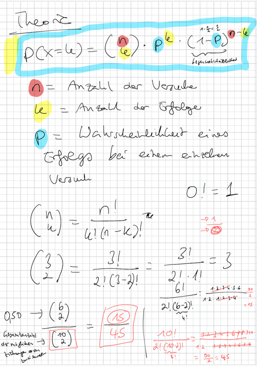 Handschriftliche Notizen zur Wahrscheinlichkeitstheorie mit Formeln und Berechnungen auf kariertem Papier.