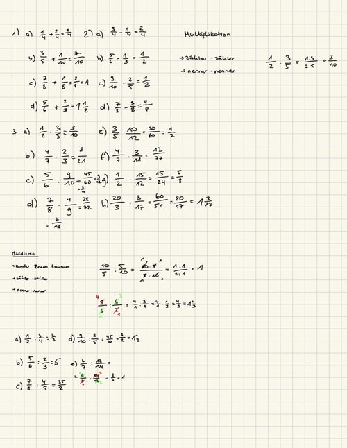 Mathematikaufgaben zur Multiplikation und Division von Brüchen auf kariertem Papier.