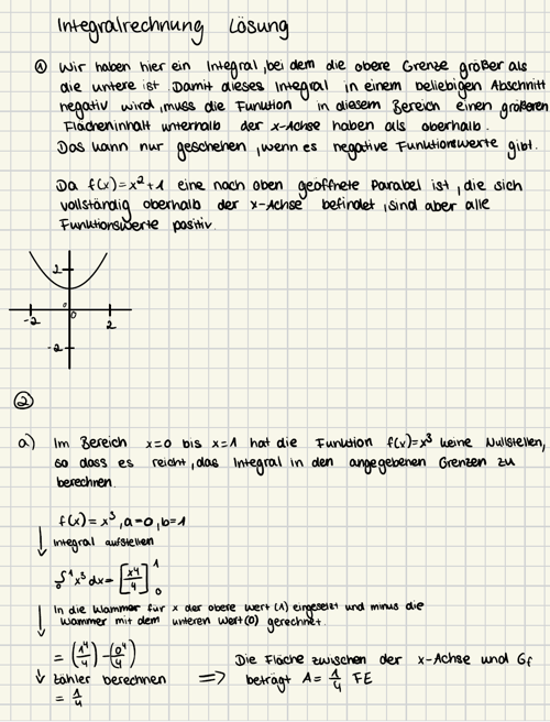 Handschriftliche Notizen zur Integralrechnung mit Graphen einer Parabel und Lösung einer Integralaufgabe.