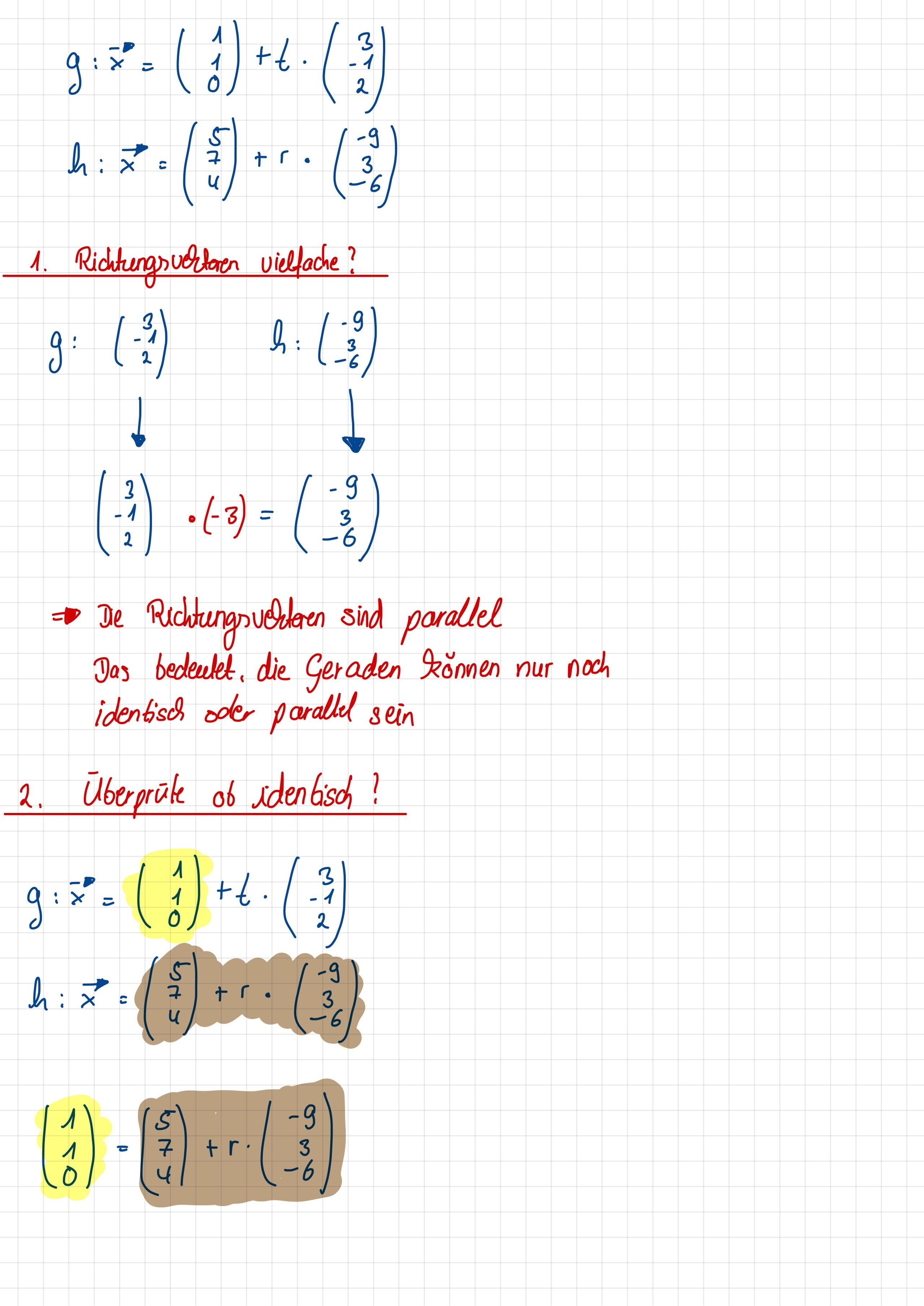 Mathematische handschriftliche Notizen auf kariertem Papier, die zwei Geradengleichungen und deren Analyse zeigen.
