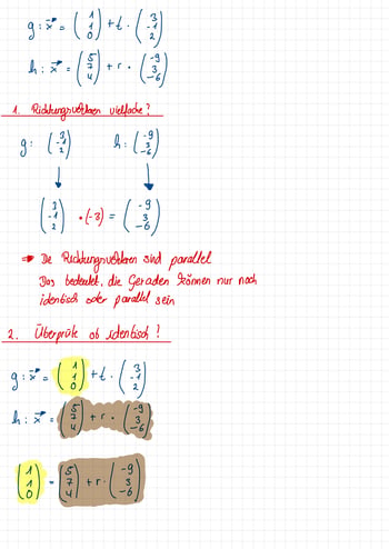 Mathematische handschriftliche Notizen auf kariertem Papier, die zwei Geradengleichungen und deren Analyse zeigen.