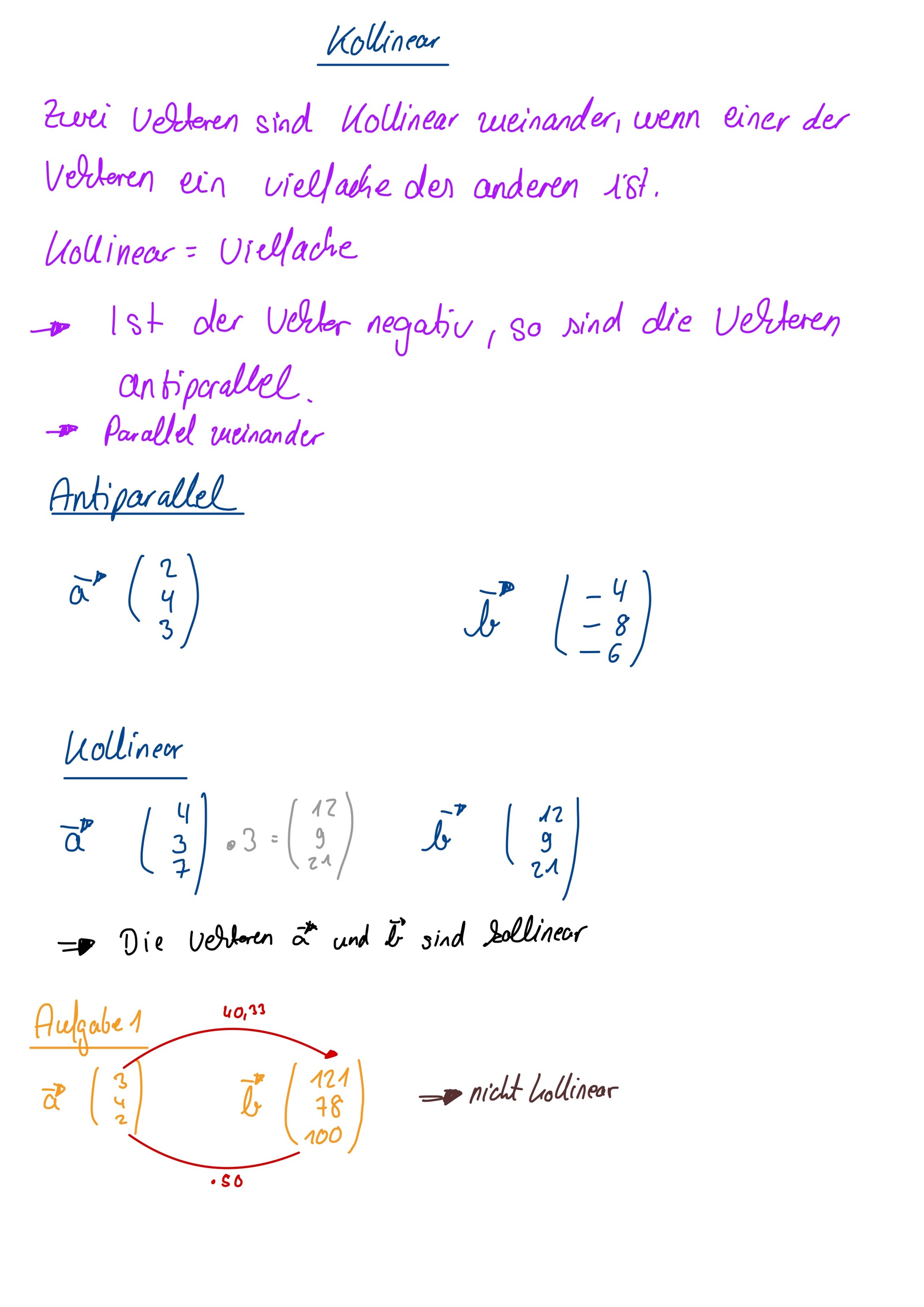 Handschriftliche Notizen auf Deutsch erklären kollineare und antiparallele Vektoren mit Beispielen und einer Aufgabe.