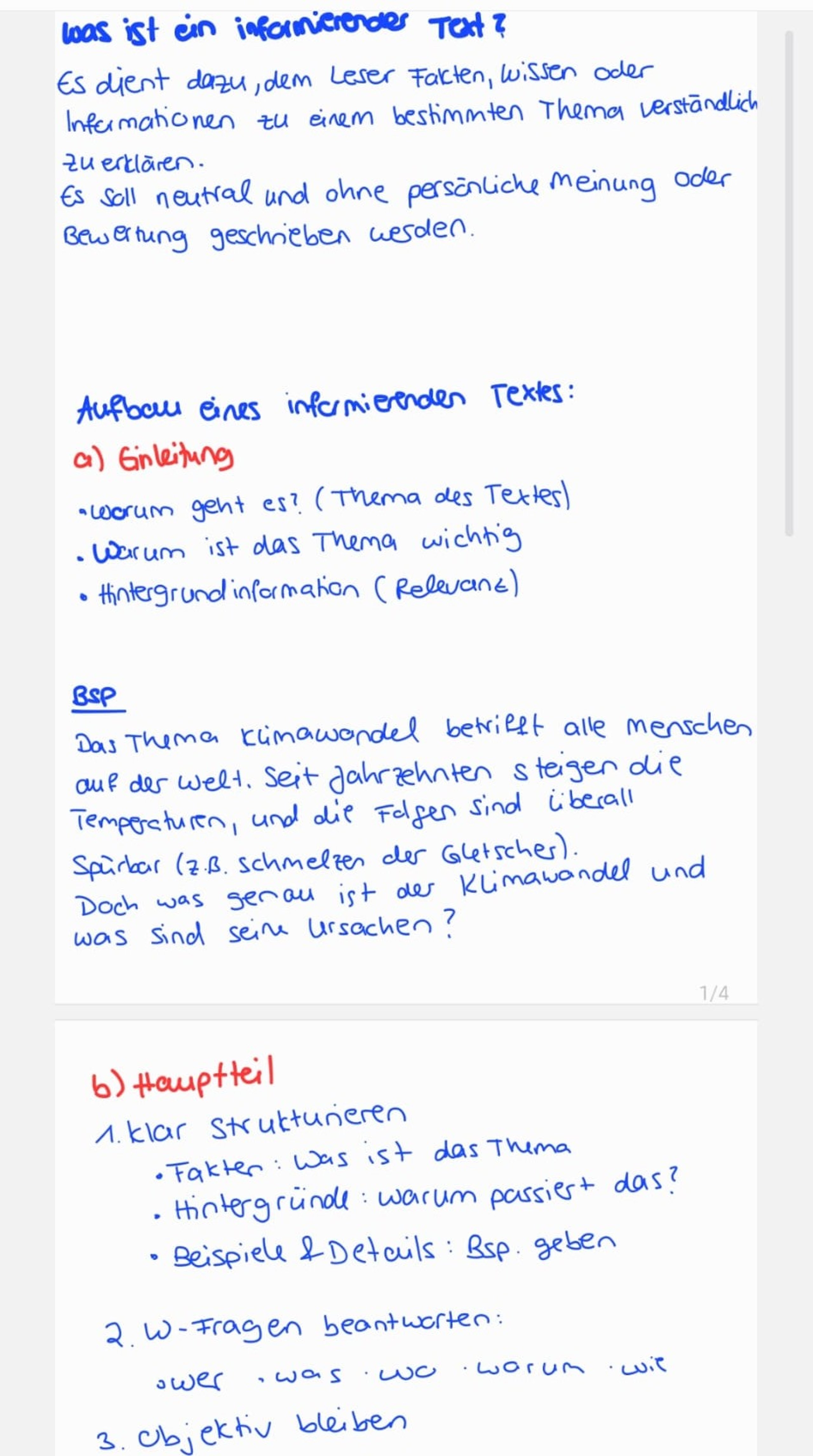 Handschriftliche Notizen auf Deutsch über den Aufbau eines informierenden Textes, inklusive Beispiele zum Klimawandel.