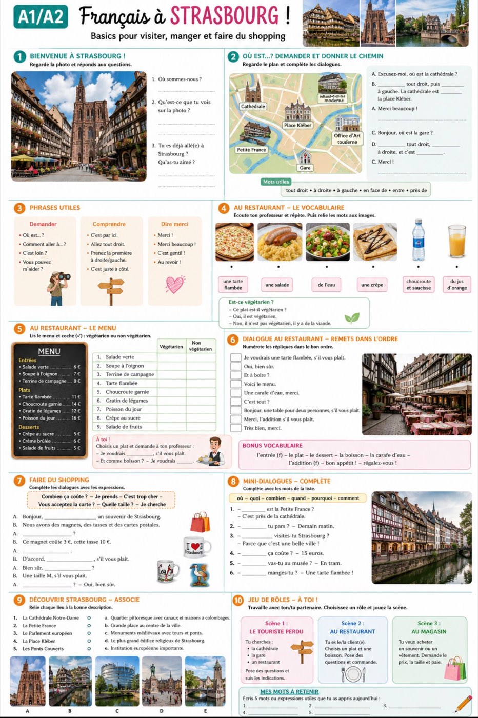 Arbeitsblatt Französisch A1/A2: Français à Strasbourg mit Wegbeschreibung, Restaurant und Einkaufen